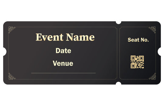 A VIP ticket template in luxurious black and gold tones. Modern design with gold accents, fields for event name, date, venue, seat number, and QR code. Exquisite filigree patterns.