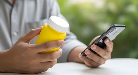 Man comparing medication information online using smartphone, checking bottle for dosage, ensuring health and safety, online pharmacy benefits