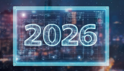 2026 Technological Vision: A futuristic graphic showcases the year 2026, set against the backdrop of a vibrant cityscape. This image embodies technological advancement.