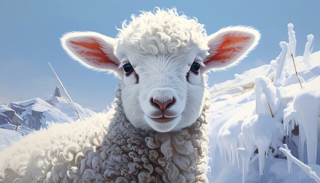Close-up of a fluffy, white lamb with soft blue eyes. Winter scene with snowy mountains, icy patches, and a clear sky background