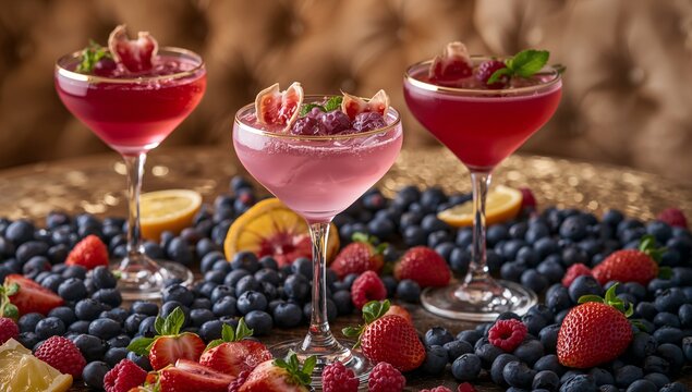 Colorful Cocktails With Fresh Berries and Fruits Arranged on a Gold Table - Powered by Adobe