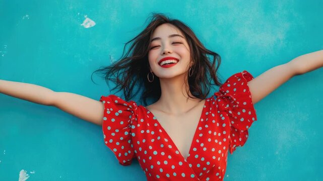Video A woman wearing a bright red polka dot dress with her arms outstretched, possibly expressing excitement or joy