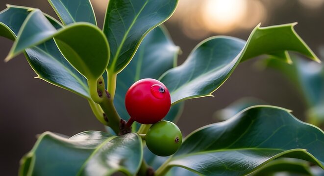 Bright red holly berry ripens on a prickly green leaf branch.