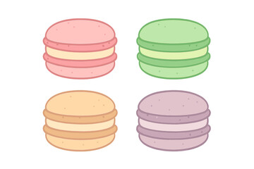 Collection of sweet French macarons in various pastel colors including pink, green, beige, and lavender