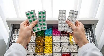 Pharmacist Selecting Medication Blister Packs from Pharmacy Drawer Full of Colorful Pills and Capsules for Patient Care and Treatment Options