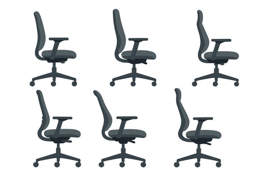 Six modern ergonomic office chairs with adjustable armrests and rolling casters arranged on a white background