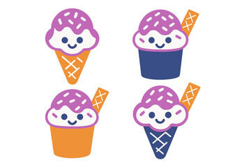 Adorable smiling ice cream characters set with purple scoops and waffle cones