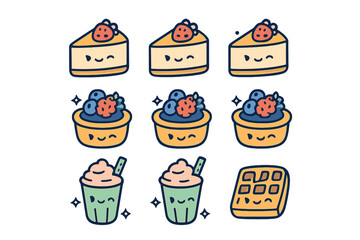 Adorable sweet food characters set featuring cheesecake, tart, milkshake, and waffle