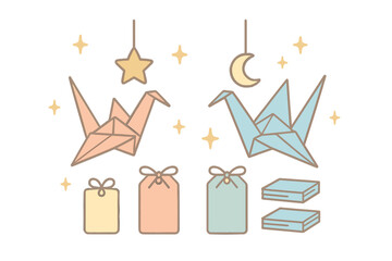 Pastel colored origami cranes and traditional Japanese gift wrapping elements