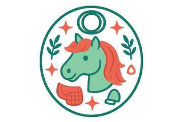 Smiling horse head emblem with flowing mane, circular frame, and equestrian accessories