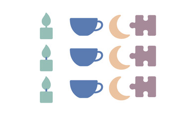 Minimalist repeating design of candle, coffee cup, crescent moon, and puzzle piece symbols