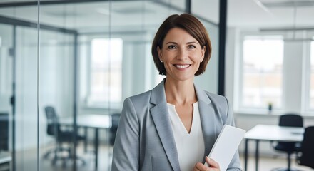 Confident professional woman smiling in modern office environment
