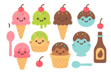 Cute smiling ice cream cones, scoops, sundaes, cherries, spoons, and chocolate syrup bottle set
