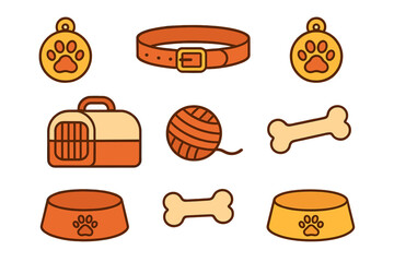 Essential pet care accessories set including collar, identification tag, travel carrier, food bowls, and toys