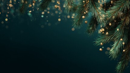 Fototapeta premium Christmas background with pine branches and golden lights on dark green backdrop