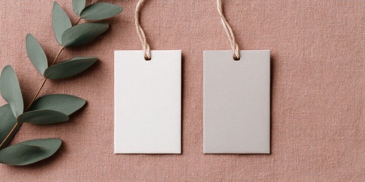 Small business branding mockup, Minimalist tags on a textured background with greenery, perfect for branding or craft projects.