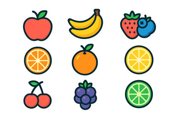 Assortment of healthy fresh fruits and berries depicted as simple icons