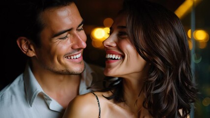 Lovely couple sharing a romantic moment at night with smiles