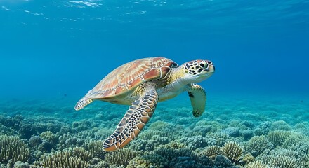 Fototapeta premium Green sea turtle swimming gracefully in clear blue ocean water above coral reef.