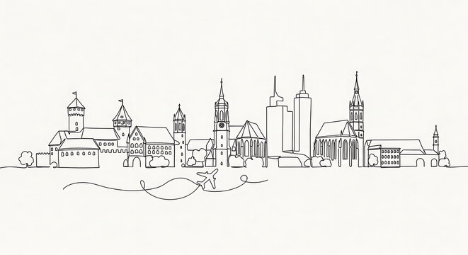 Nuremberg Urban Skyline Composition in Minimal Line Art Style Highlighting City Landmarks, Vector Architectural Silhouettes, and Airplane Travel Elements Ideal for Posters, Tourism Graphics, and Desig