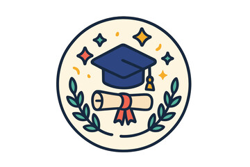 Graduation badge with mortarboard cap, diploma scroll, and laurel wreath