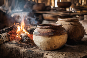 Traditional Native American cooking scene with handmade pottery and open fire, rustic textures, authentic cultural documentation.