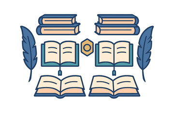 Icons of stacked books, open textbooks, and traditional writing quills symbolizing learning and literature