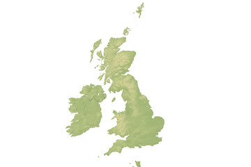 United kingdom and ireland physical relief map showing land elevation on a transparent background