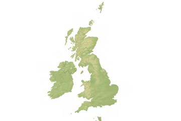 United kingdom and ireland physical relief map showing land elevation on a transparent background