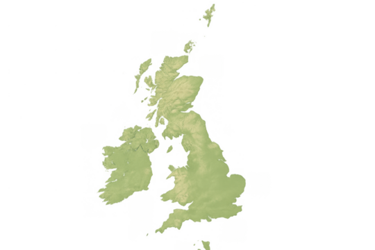 United kingdom and ireland physical relief map showing land elevation on a transparent background
