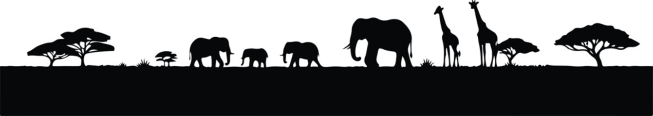 African savanna wildlife panorama silhouette featuring elephants, giraffes, and acacia trees horizon vector art