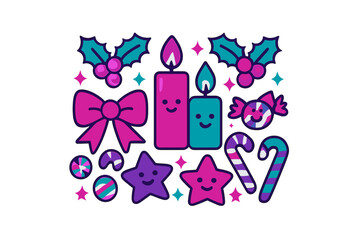 Cute smiling holiday elements featuring candles, holly, bow, stars, and candy canes