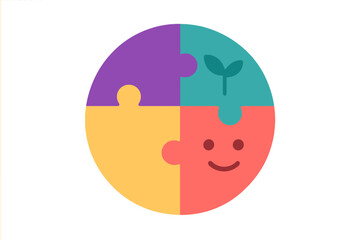 Four colorful puzzle pieces forming a circle with icons for growth and positive emotion