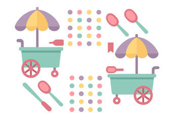 Pastel colored ice cream cart elements set with striped umbrella and serving scoops