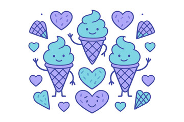 Cute cartoon ice cream cones surrounded by hearts and waffle patterns