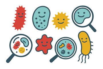 Colorful cartoon microbes and bacteria characters with magnifying glass symbols