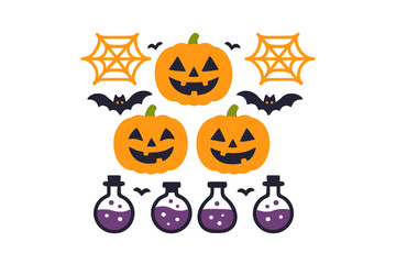 Spooky Halloween icons set with carved pumpkins, flying bats, spiderwebs, and magic potion bottles