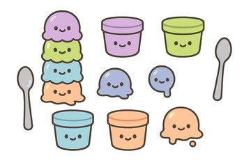 Adorable pastel ice cream scoops stacked and melting alongside colorful dessert tubs and spoons