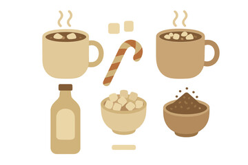 Cozy winter drink set featuring hot cocoa mugs marshmallows candy cane and powder ingredients