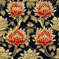 A vibrant floral pattern featuring large red and gold chrysanthemums against a dark background, creating an elegant and intricate design.