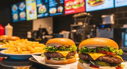 Delicious burgers and fries at a fast food restaurant
