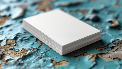 Stack of blank white business cards on a weathered turquoise and brown surface top view