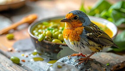 Colorful Little Bird Resting Beside a Bowl of Fresh Green Olives in a Natural Rustic Setting