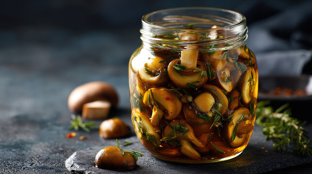 A jar of preserved mushrooms in olive oil, ready to eat