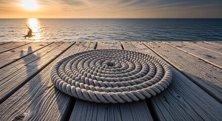 Obraz premium 海岸のロープ 朝焼けの桟橋 静かな風景