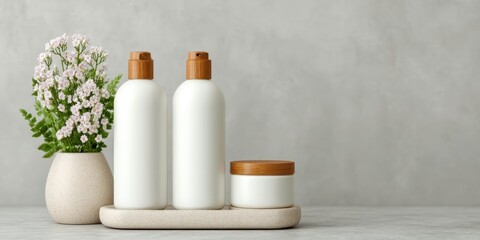 Small business branding mockup, Minimalist display of white bottles with wooden caps, accompanied by a small vase of flowers on a neutral background.