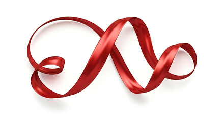 A single flowing shiny red ribbon curled and twisted into an abstract shape against a clean white background