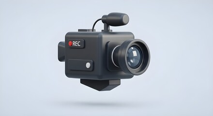 Fototapeta premium A stylized 3D video camera with a large lens, microphone attachment, and a red recording indicator