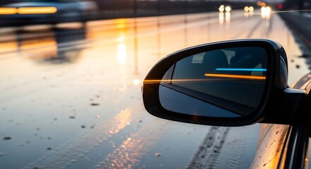 Obraz premium 車のサイドミラー 夕暮れ時の高速道路の反射