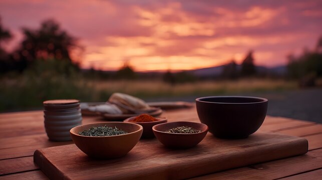 Assortment of colorful spices in rustic bowls on a wooden table during a vibrant sunset - Powered by Adobe